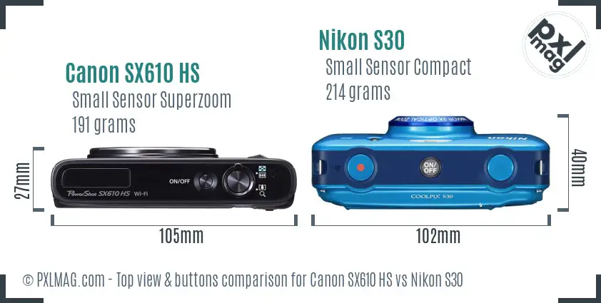 Canon SX610 HS vs Nikon S30 top view buttons comparison