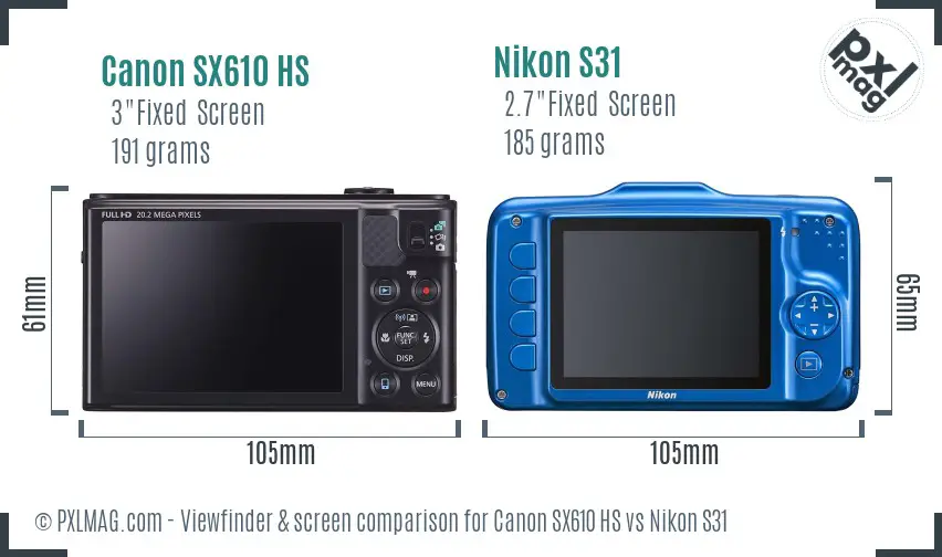 Canon SX610 HS vs Nikon S31 Screen and Viewfinder comparison