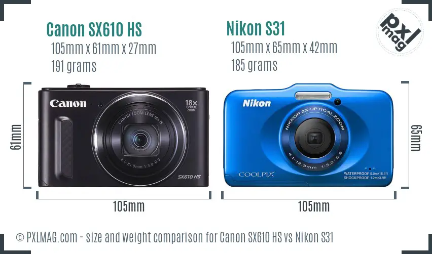 Canon SX610 HS vs Nikon S31 size comparison