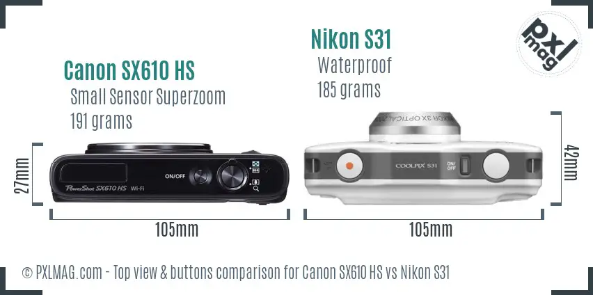 Canon SX610 HS vs Nikon S31 top view buttons comparison