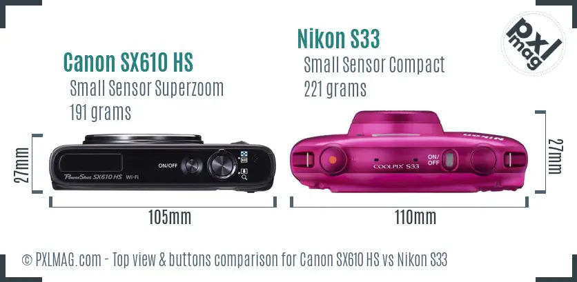 Canon SX610 HS vs Nikon S33 top view buttons comparison