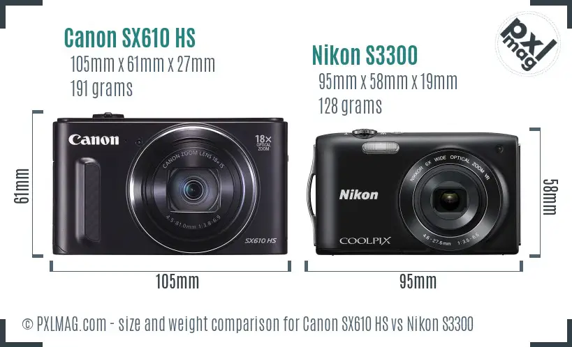 Canon SX610 HS vs Nikon S3300 size comparison