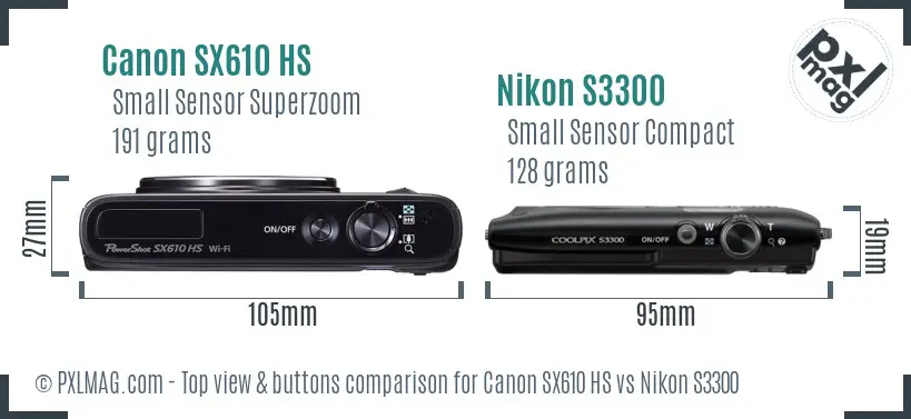 Canon SX610 HS vs Nikon S3300 top view buttons comparison
