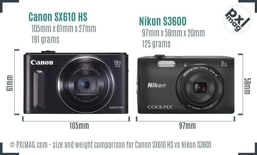 Canon SX610 HS vs Nikon S3600 size comparison