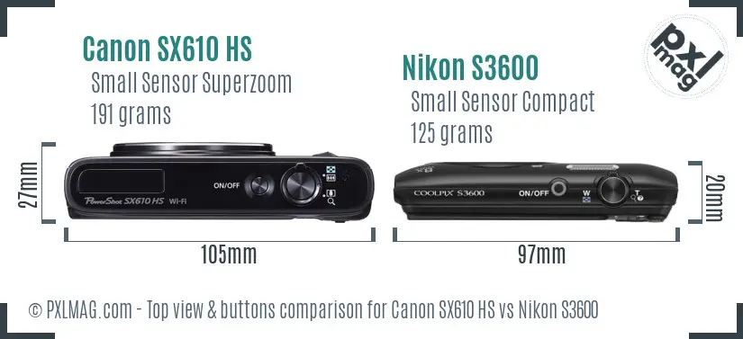 Canon SX610 HS vs Nikon S3600 top view buttons comparison