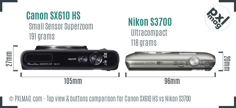 Canon SX610 HS vs Nikon S3700 top view buttons comparison