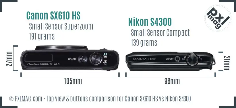 Canon SX610 HS vs Nikon S4300 top view buttons comparison