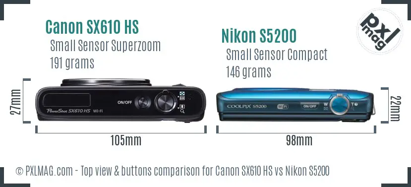 Canon SX610 HS vs Nikon S5200 top view buttons comparison Canon SX610 HS vs Nikon S5200 top view buttons comparison