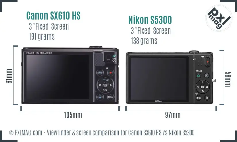 Canon SX610 HS vs Nikon S5300 Screen and Viewfinder comparison