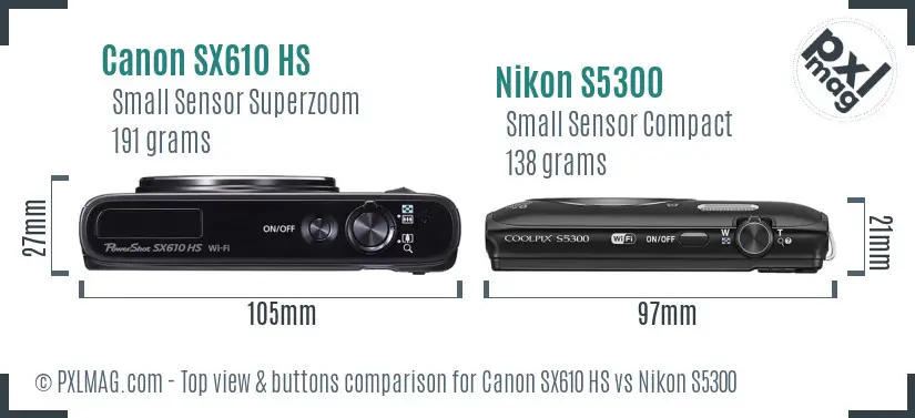 Canon SX610 HS vs Nikon S5300 top view buttons comparison