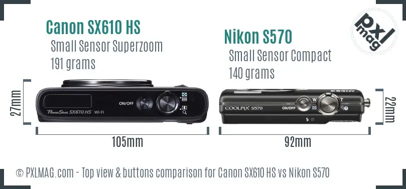 Canon SX610 HS vs Nikon S570 top view buttons comparison