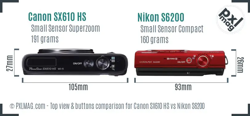 Canon SX610 HS vs Nikon S6200 top view buttons comparison