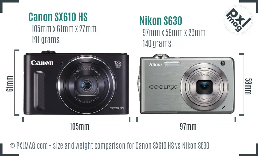 Canon SX610 HS vs Nikon S630 size comparison
