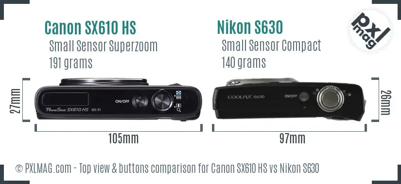 Canon SX610 HS vs Nikon S630 top view buttons comparison
