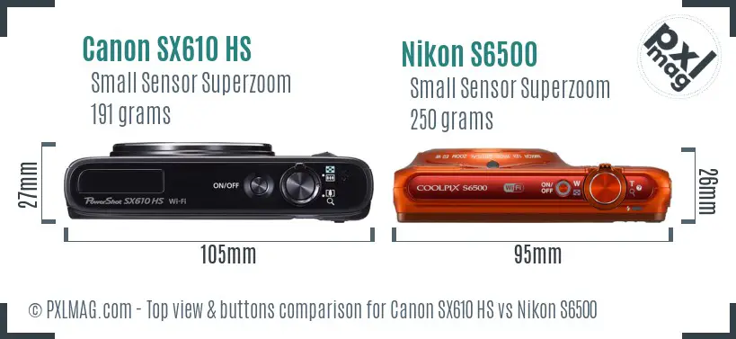 Canon SX610 HS vs Nikon S6500 top view buttons comparison