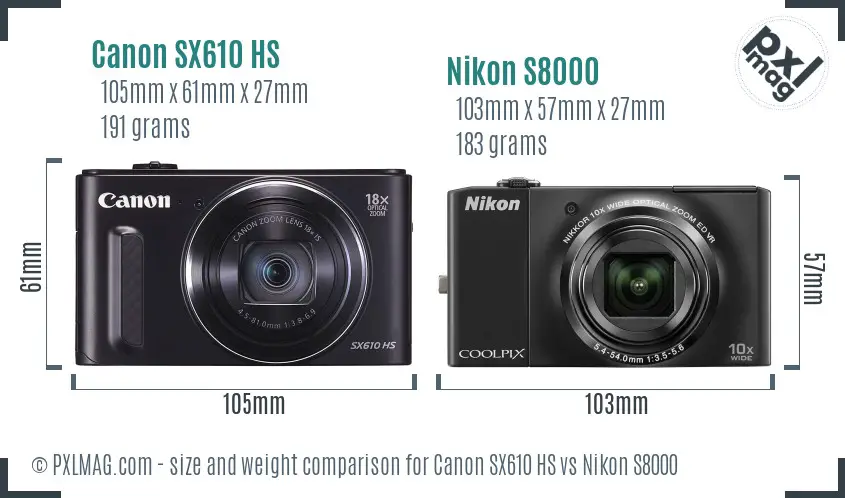 Canon SX610 HS vs Nikon S8000 size comparison Canon SX610 HS vs Nikon S8000 size comparison