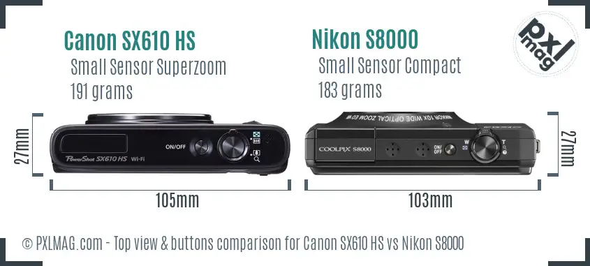 Canon SX610 HS vs Nikon S8000 top view buttons comparison Canon SX610 HS vs Nikon S8000 top view buttons comparison