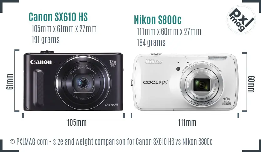 Canon SX610 HS vs Nikon S800c size comparison