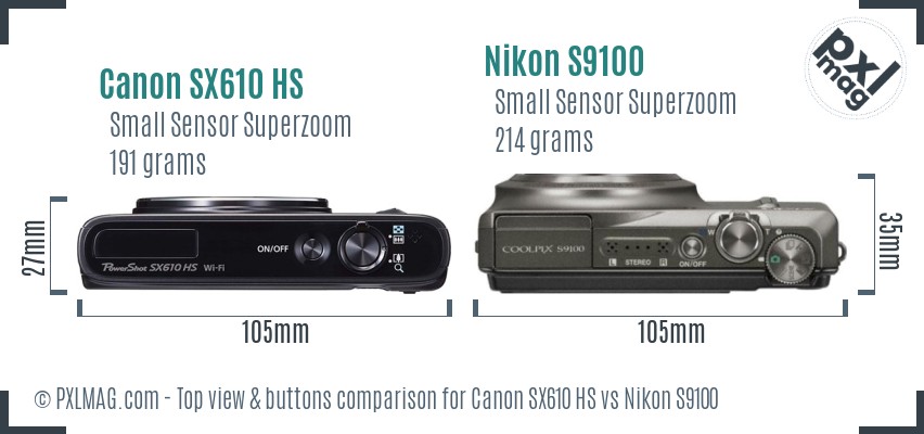 Canon SX610 HS vs Nikon S9100 top view buttons comparison