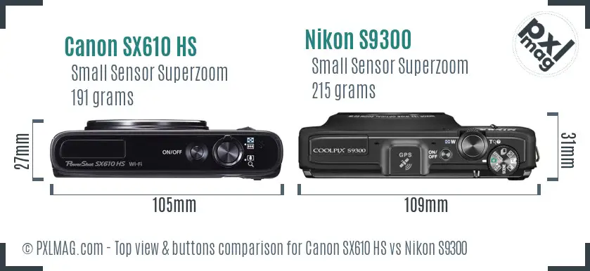 Canon SX610 HS vs Nikon S9300 top view buttons comparison