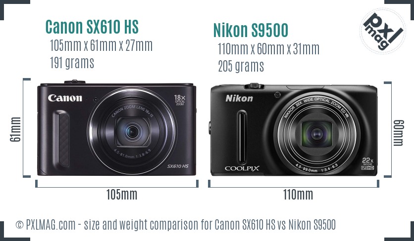 Canon SX610 HS vs Nikon S9500 size comparison