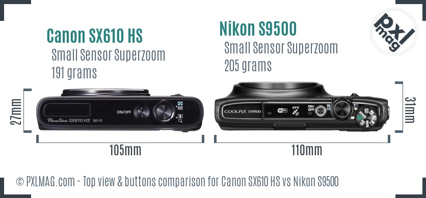 Canon SX610 HS vs Nikon S9500 top view buttons comparison