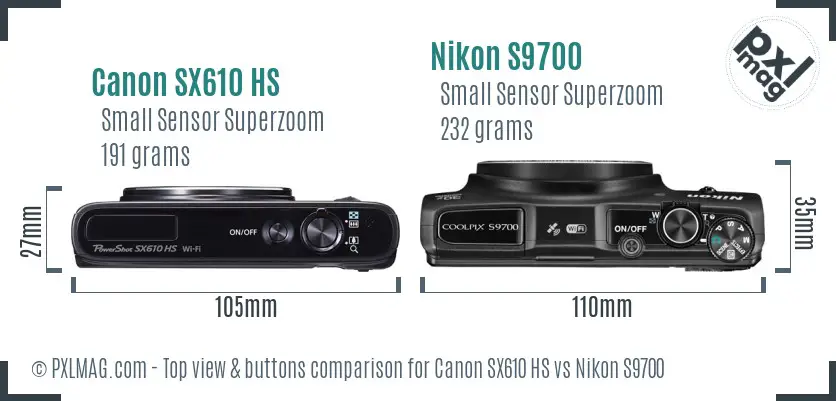 Canon SX610 HS vs Nikon S9700 top view buttons comparison Canon SX610 HS vs Nikon S9700 top view buttons comparison
