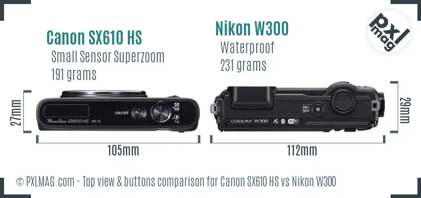 Canon SX610 HS vs Nikon W300 top view buttons comparison