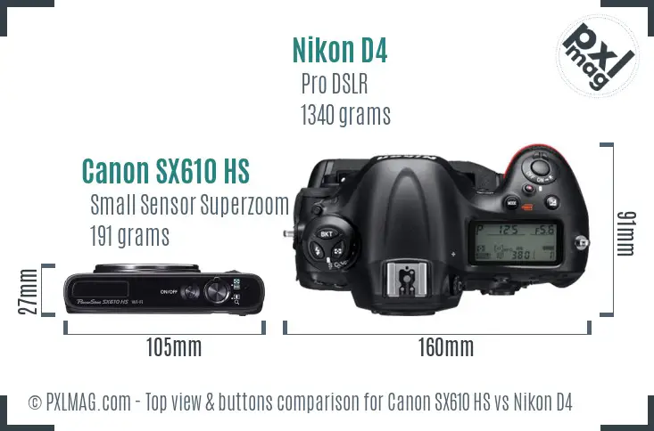 Canon SX610 HS vs Nikon D4 top view buttons comparison
