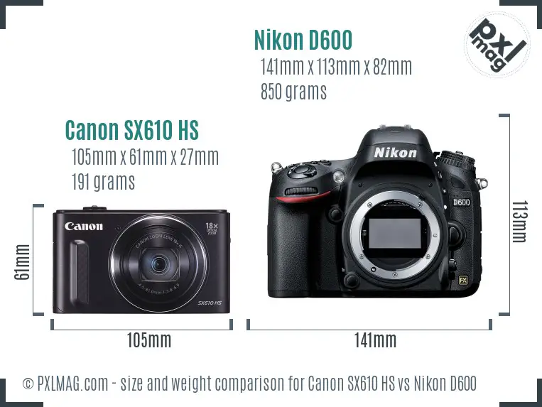 Canon SX610 HS vs Nikon D600 size comparison