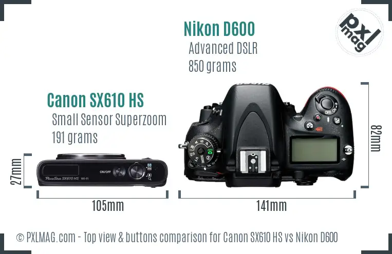 Canon SX610 HS vs Nikon D600 top view buttons comparison