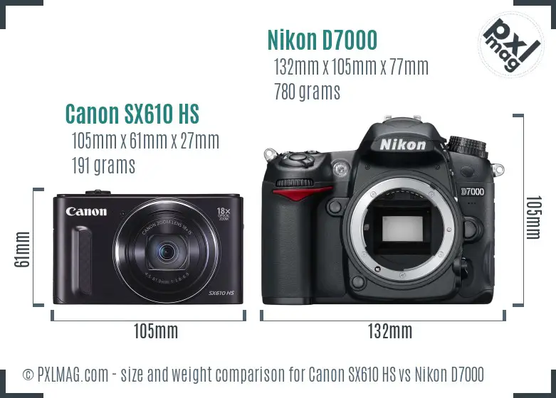 Canon SX610 HS vs Nikon D7000 size comparison