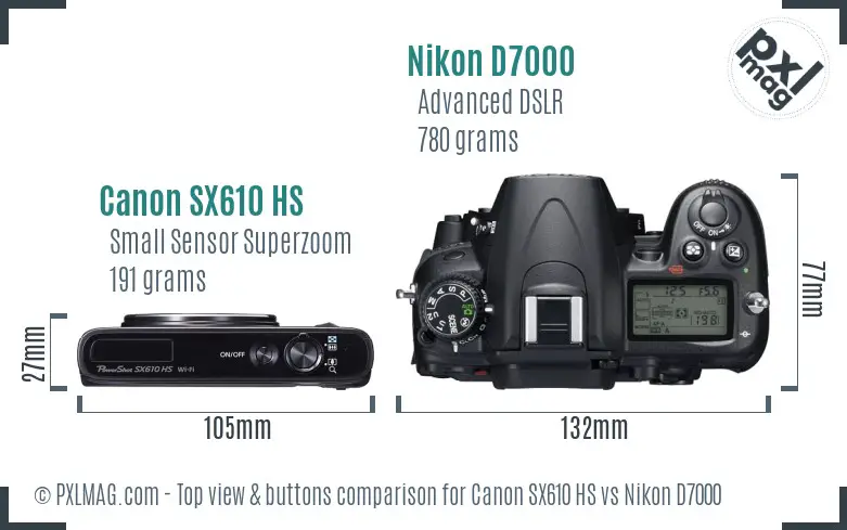 Canon SX610 HS vs Nikon D7000 top view buttons comparison