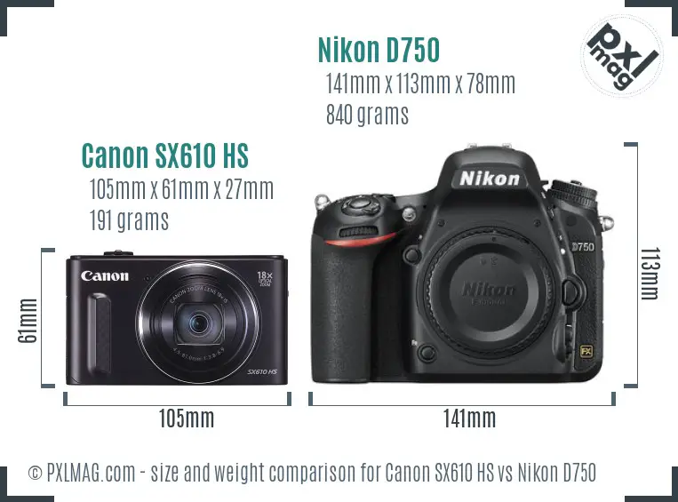 Canon SX610 HS vs Nikon D750 size comparison