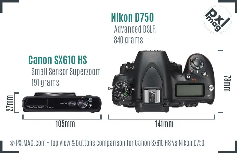 Canon SX610 HS vs Nikon D750 top view buttons comparison