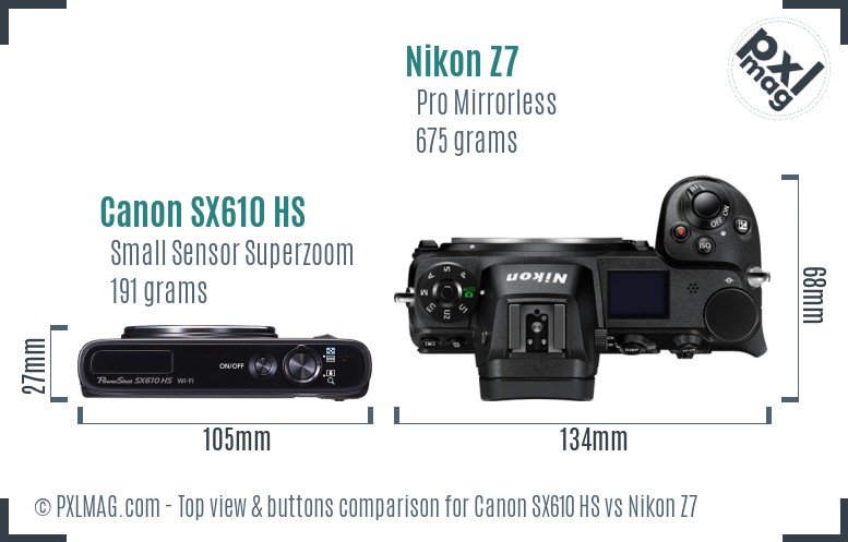 Canon SX610 HS vs Nikon Z7 top view buttons comparison