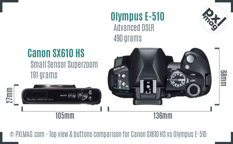Canon SX610 HS vs Olympus E-510 top view buttons comparison Canon SX610 HS vs Olympus E-510 top view buttons comparison