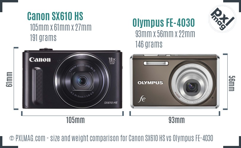 Canon SX610 HS vs Olympus FE-4030 size comparison