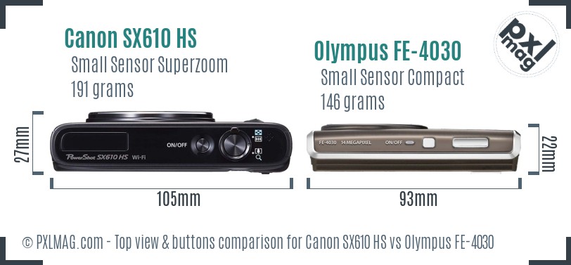 Canon SX610 HS vs Olympus FE-4030 top view buttons comparison