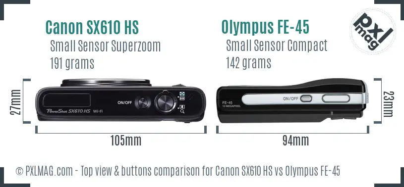 Canon SX610 HS vs Olympus FE-45 top view buttons comparison Canon SX610 HS vs Olympus FE-45 top view buttons comparison