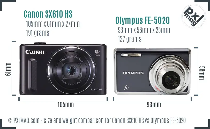 Canon SX610 HS vs Olympus FE-5020 size comparison
