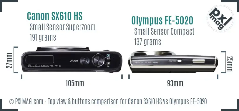 Canon SX610 HS vs Olympus FE-5020 top view buttons comparison