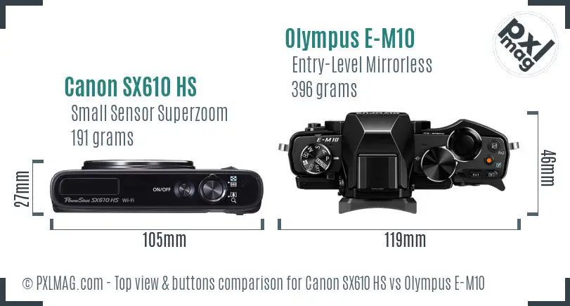 Canon SX610 HS vs Olympus E-M10 top view buttons comparison