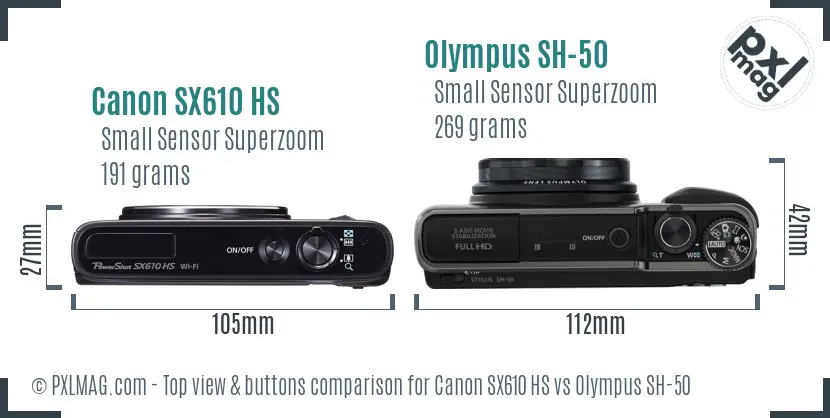 Canon SX610 HS vs Olympus SH-50 top view buttons comparison