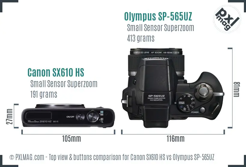 Canon SX610 HS vs Olympus SP-565UZ top view buttons comparison