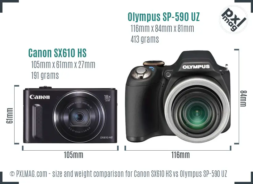 Canon SX610 HS vs Olympus SP-590 UZ size comparison