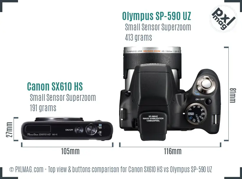 Canon SX610 HS vs Olympus SP-590 UZ top view buttons comparison