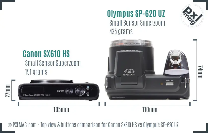 Canon SX610 HS vs Olympus SP-620 UZ top view buttons comparison Canon SX610 HS vs Olympus SP-620 UZ top view buttons comparison