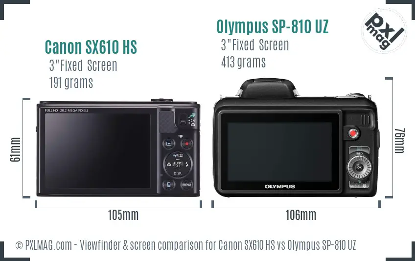 Canon SX610 HS vs Olympus SP-810 UZ Screen and Viewfinder comparison