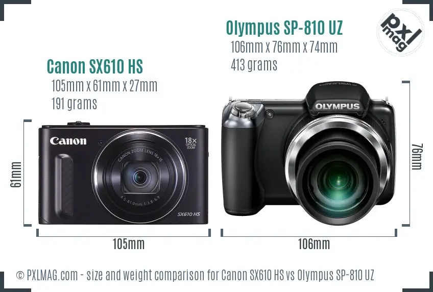 Canon SX610 HS vs Olympus SP-810 UZ size comparison